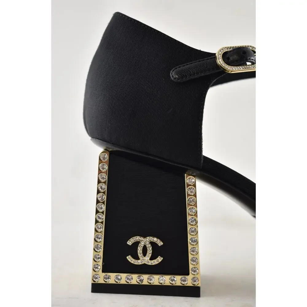Chanel 24B Black Crystal CC Logo Gold Mary Jane Ankle Strap Block Heel Pumps 40 - Picture 6 of 16